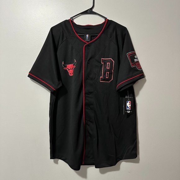 Chicago Bulls Baseball Jersey Black Red Button Up Ultra Game Jordan Brand New - Picture 1 of 2